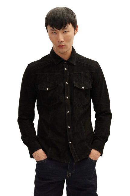 Men's Lambskin Suede Shirt - Black | Ron Tomson