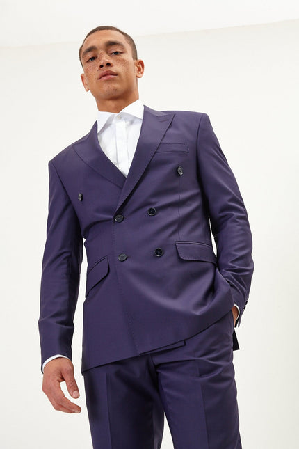 Men's Italian Super 120s Merino Wool Double-Breasted Suit - Aubergine Purple | Ron Tomson