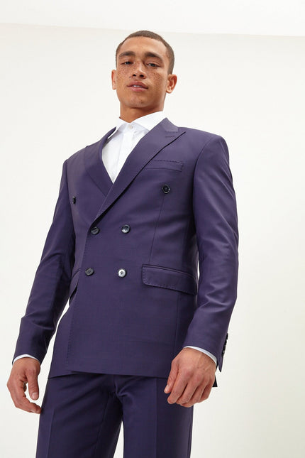 Men's Italian Super 120s Merino Wool Double-Breasted Suit - Aubergine Purple | Ron Tomson