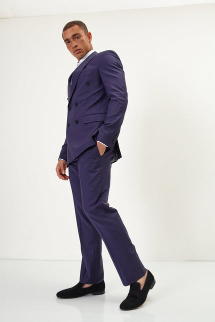 Men's Italian Super 120s Merino Wool Double-Breasted Suit - Aubergine Purple | Ron Tomson