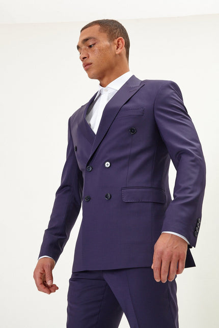 Men's Italian Super 120s Merino Wool Double-Breasted Suit - Aubergine Purple | Ron Tomson