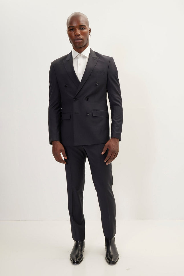 Men's Italian Super 120s Merino Wool Double-Breasted Suit - Charcoal Navy | Ron Tomson