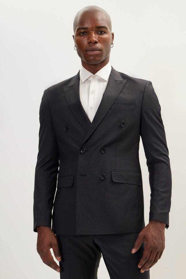 Men's Italian Super 120s Merino Wool Double-Breasted Suit - Charcoal Navy | Ron Tomson