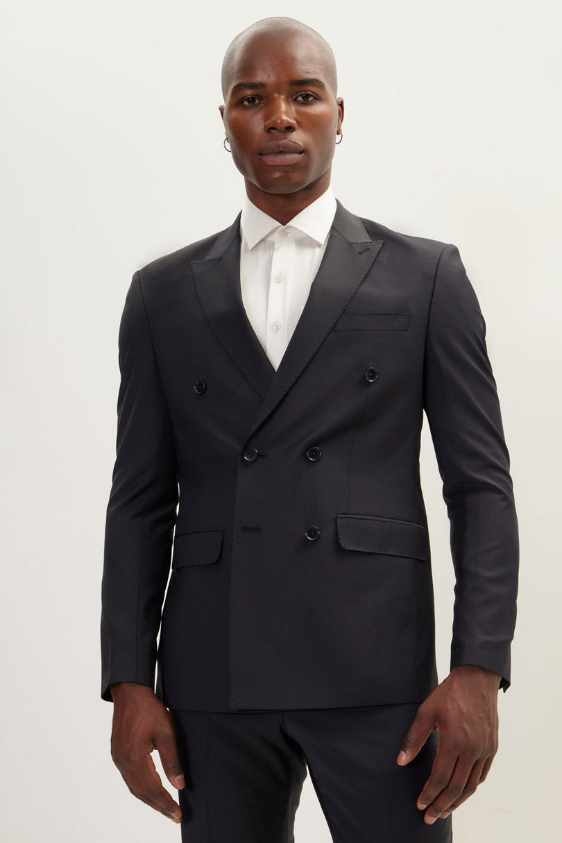 Men's Italian Super 120s Merino Wool Double-Breasted Suit - Charcoal Navy | Ron Tomson