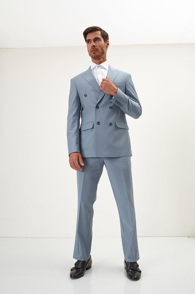 Italian Super 120s Merino Wool Double-Breasted Suit - Cool Grey