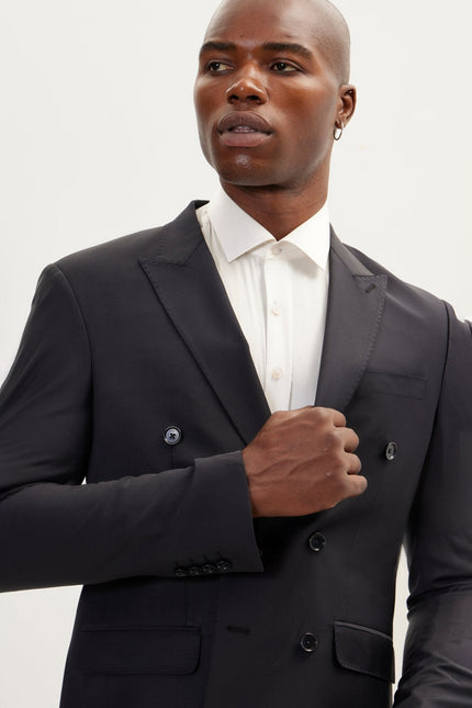 Men's Italian Super 120s Merino Wool Double-Breasted Suit - Charcoal Navy | Ron Tomson