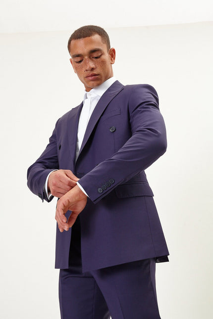 Men's Italian Super 120s Merino Wool Double-Breasted Suit - Aubergine Purple | Ron Tomson