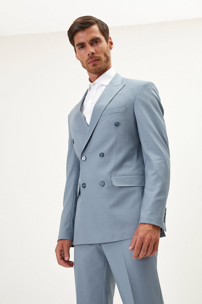 Italian Super 120s Merino Wool Double-Breasted Suit - Cool Grey