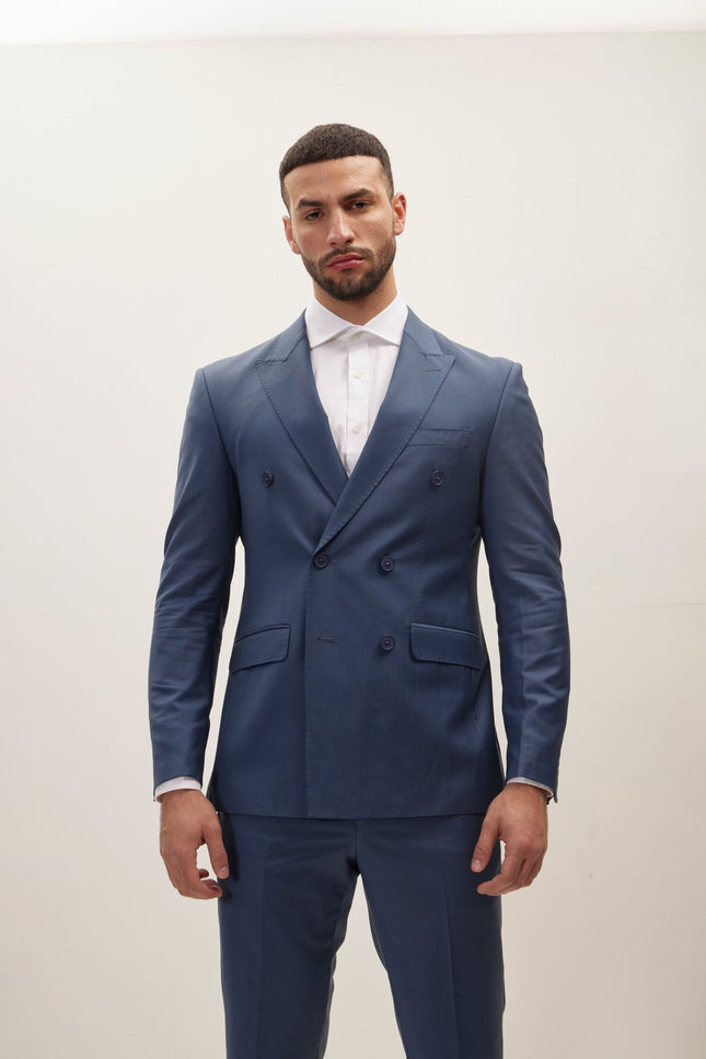 Italian Super 120s Merino Wool Double-Breasted Suit - Dark Petrol Blue