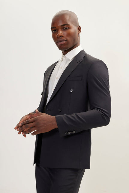 Men's Italian Super 120s Merino Wool Double-Breasted Suit - Charcoal Navy | Ron Tomson