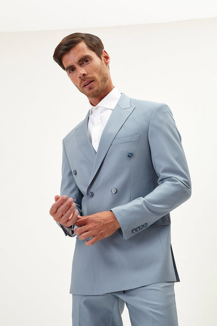 Men's Italian Super 120s Merino Wool Double-Breasted Suit - Cool Grey | Ron Tomson