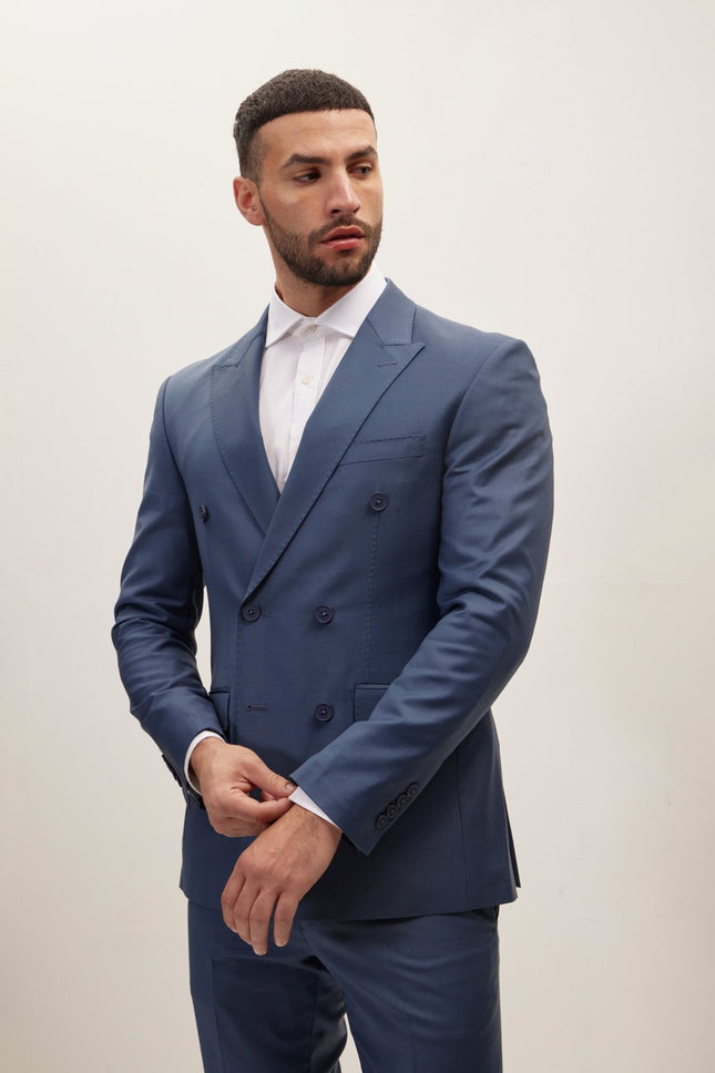 Italian Super 120s Merino Wool Double-Breasted Suit - Dark Petrol Blue