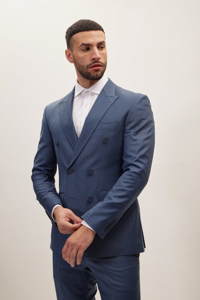 Men's Italian Super 120s Merino Wool Double-Breasted Suit - Dark Petrol Blue | Ron Tomson