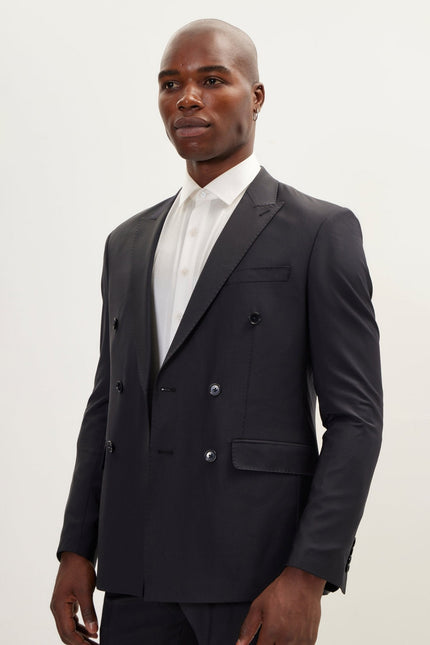 Men's Italian Super 120s Merino Wool Double-Breasted Suit - Charcoal Navy | Ron Tomson