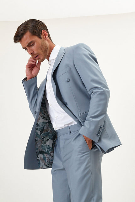 Men's Italian Super 120s Merino Wool Double-Breasted Suit - Cool Grey | Ron Tomson