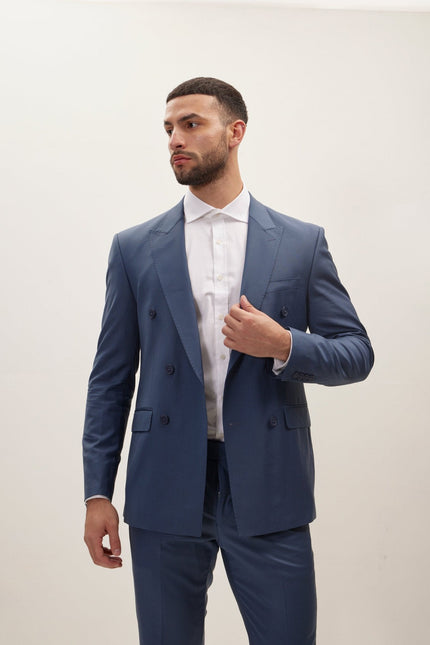 Men's Italian Super 120s Merino Wool Double-Breasted Suit - Dark Petrol Blue | Ron Tomson