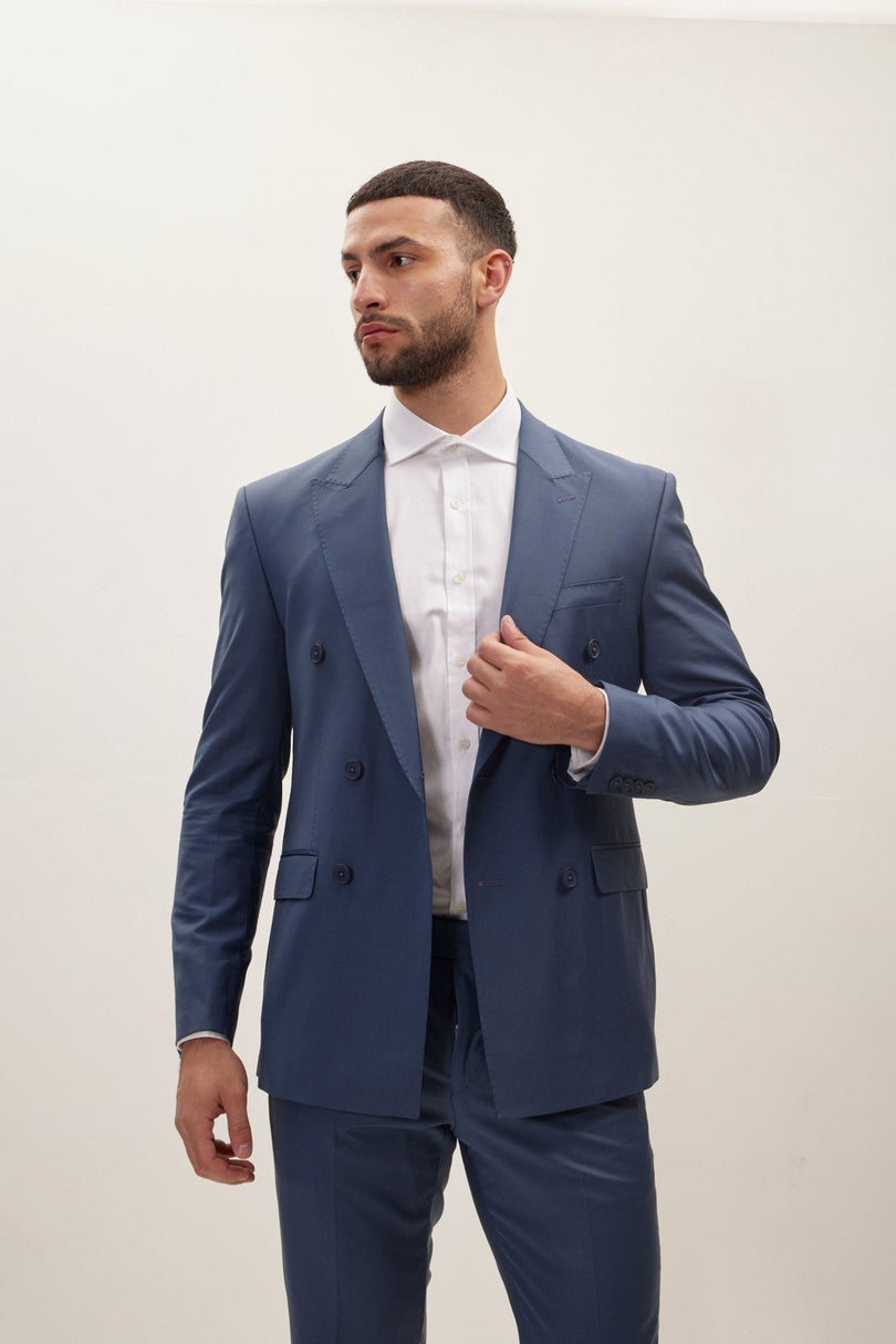 Men's Italian Super 120s Merino Wool Double-Breasted Suit - Dark Petrol Blue | Ron Tomson