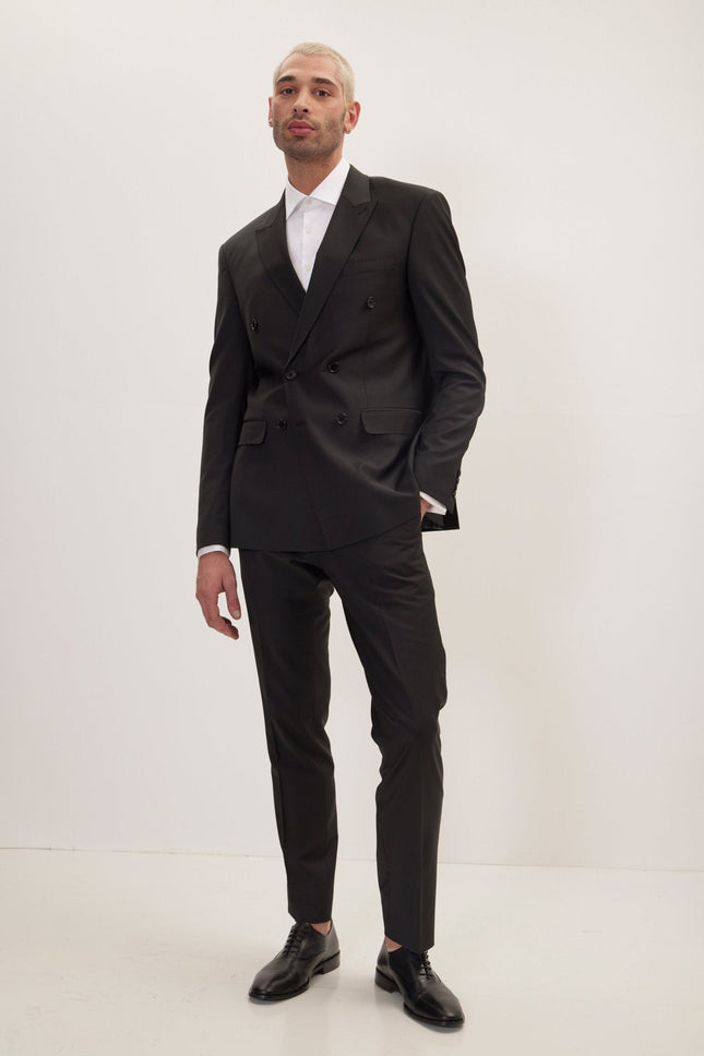 Italian Super 120s Merino Wool Double-Breasted Suit - Jet Black