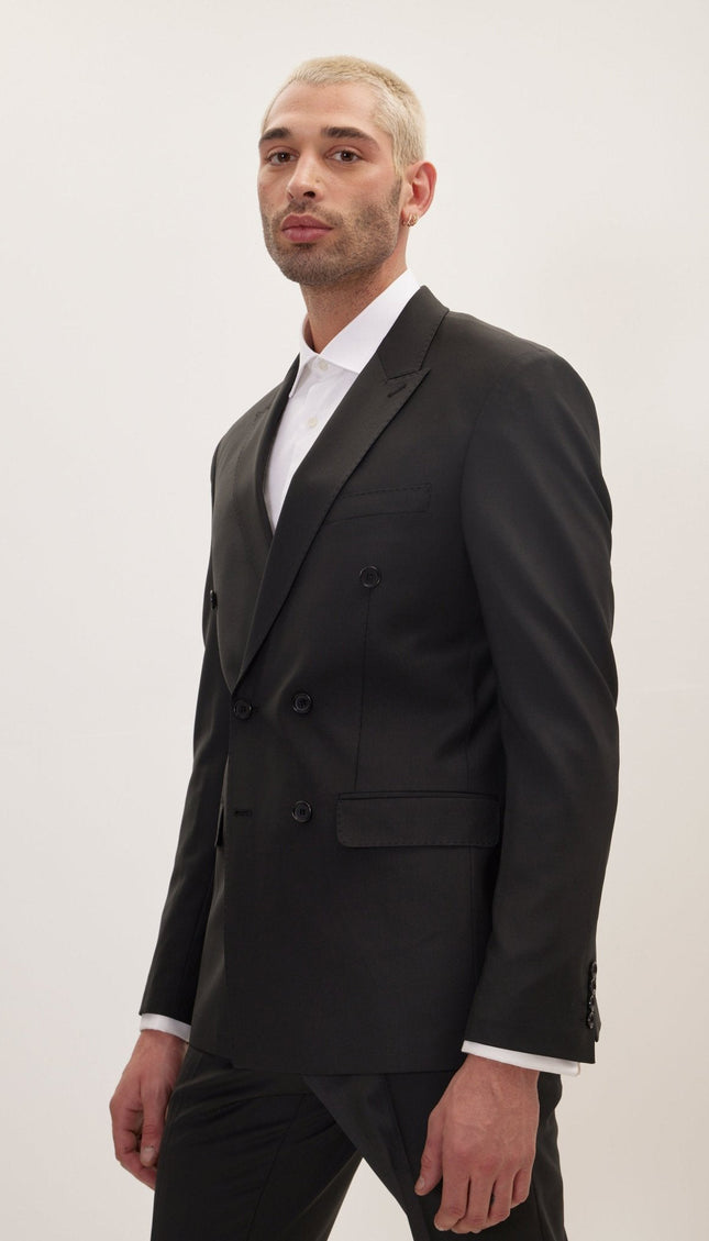 Super 120s Merino Wool Double-Breasted Suit - Jet Black