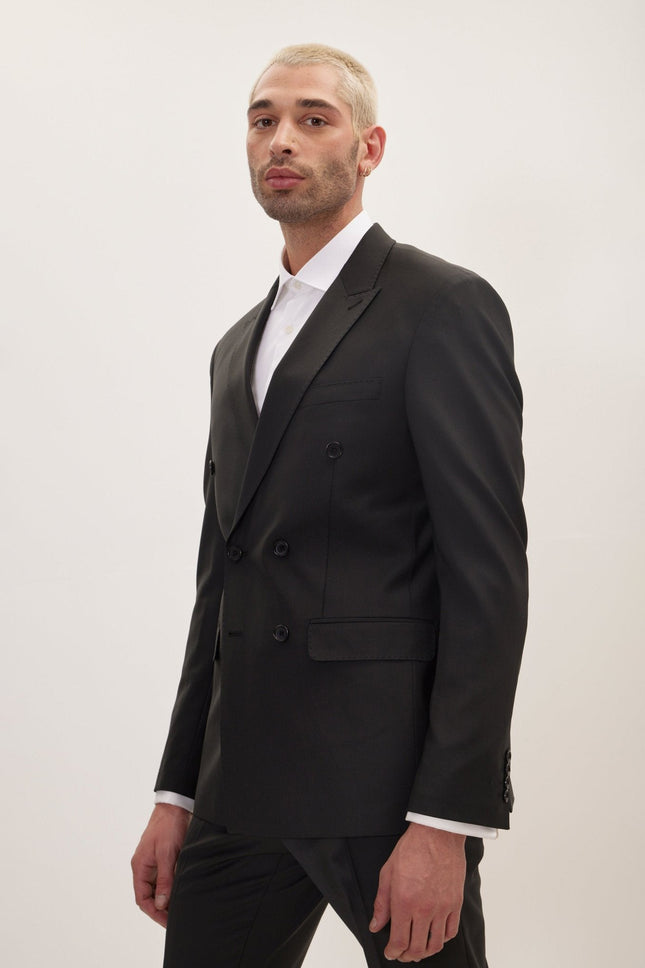 Italian Super 120s Merino Wool Double-Breasted Suit - Jet Black
