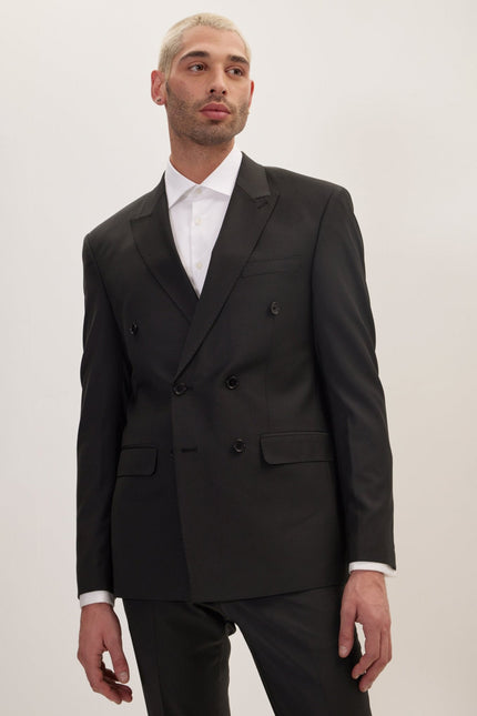 Men's Italian Super 120s Merino Wool Double-Breasted Suit - Jet Black | Ron Tomson