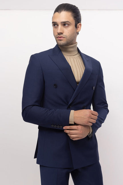 Men's Italian Super 120s Merino Wool Double-Breasted Suit - Parliament Blue | Ron Tomson