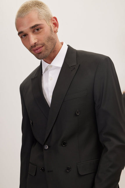 Men's Italian Super 120s Merino Wool Double-Breasted Suit - Jet Black | Ron Tomson