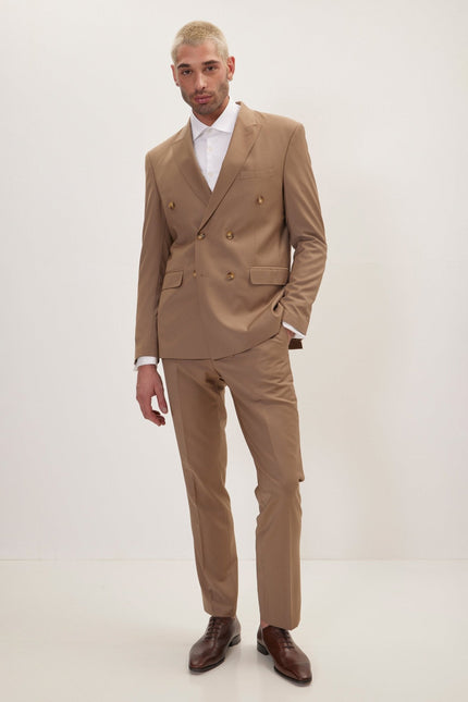 Men's Italian Super 120s Merino Wool Double-Breasted Suit - Khaki | Ron Tomson