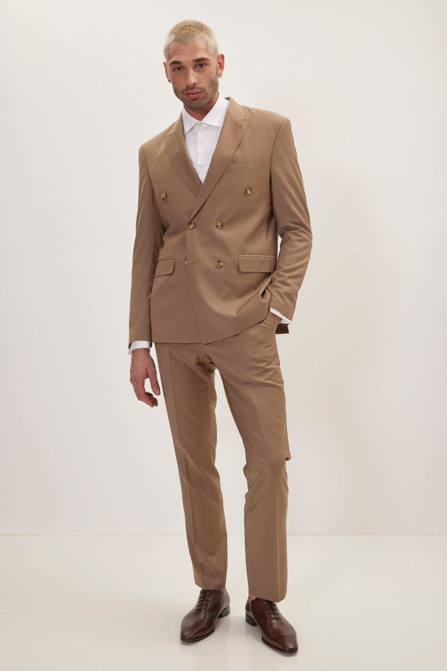 Men's Italian Super 120s Merino Wool Double-Breasted Suit - Khaki | Ron Tomson