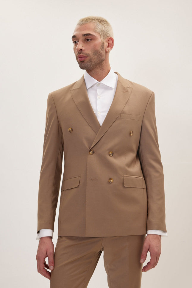 Men's Italian Super 120s Merino Wool Double-Breasted Suit - Khaki | Ron Tomson
