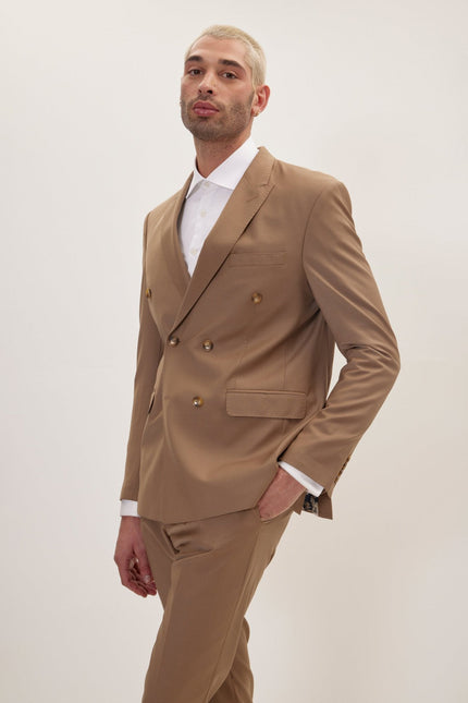 Men's Italian Super 120s Merino Wool Double-Breasted Suit - Khaki | Ron Tomson