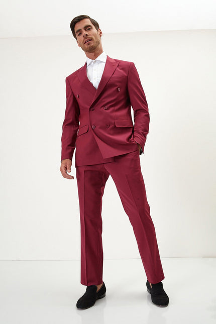 Men's Italian Super 120s Merino Wool Double-Breasted Suit - Burgundy | Ron Tomson