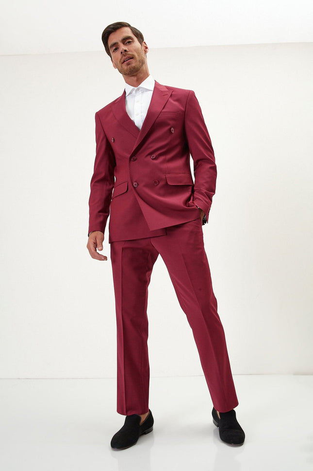 Men's Italian Super 120s Merino Wool Double-Breasted Suit - Burgundy | Ron Tomson