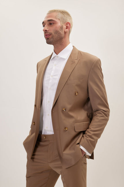 Men's Italian Super 120s Merino Wool Double-Breasted Suit - Khaki | Ron Tomson