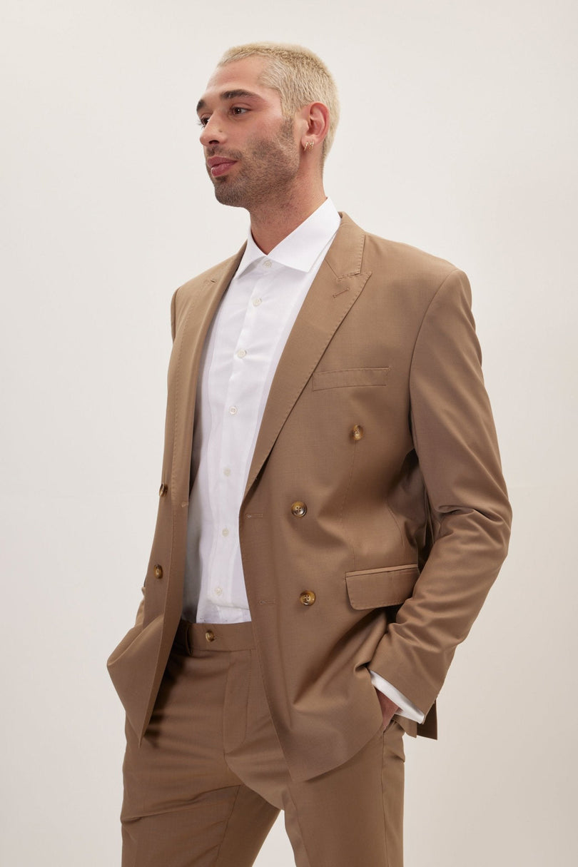 Men's Italian Super 120s Merino Wool Double-Breasted Suit - Khaki | Ron Tomson