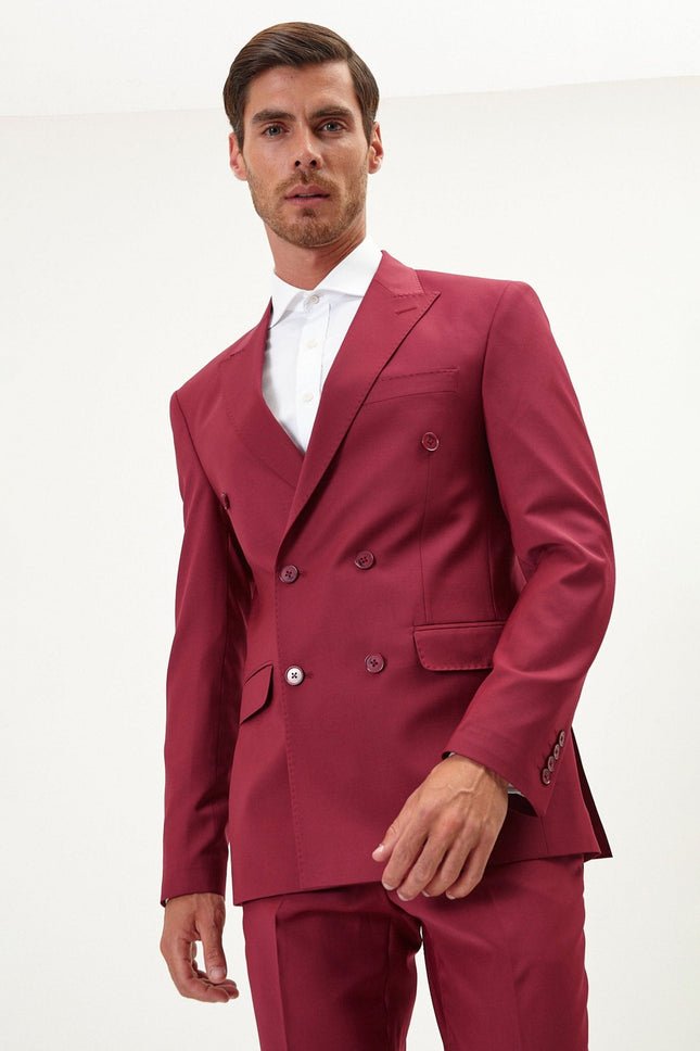 Men's Italian Super 120s Merino Wool Double-Breasted Suit - Burgundy | Ron Tomson