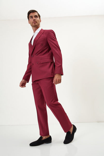 Men's Italian Super 120s Merino Wool Double-Breasted Suit - Burgundy | Ron Tomson