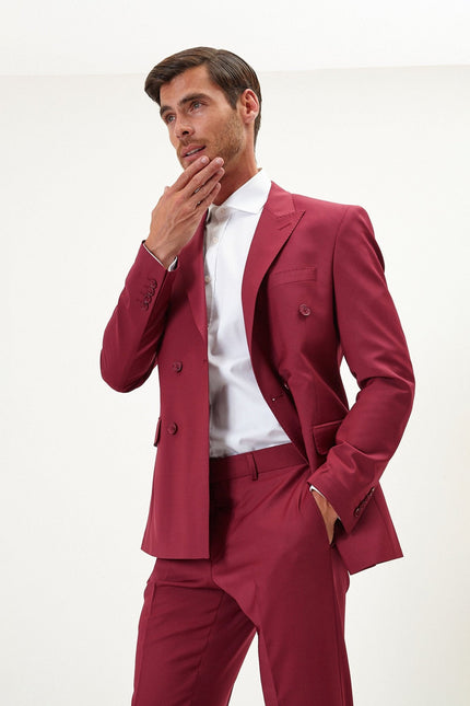 Men's Italian Super 120s Merino Wool Double-Breasted Suit - Burgundy | Ron Tomson
