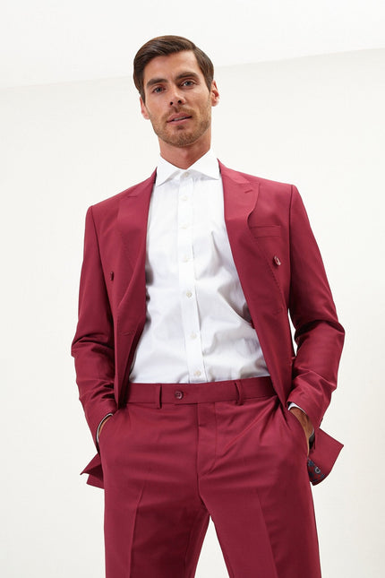 Men's Italian Super 120s Merino Wool Double-Breasted Suit - Burgundy | Ron Tomson