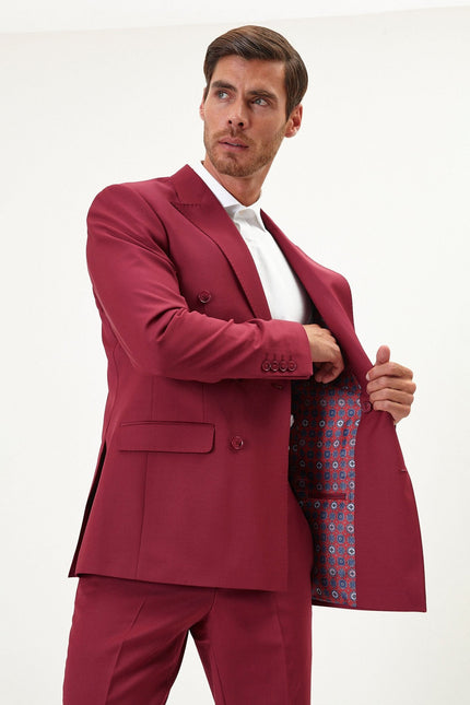 Men's Italian Super 120s Merino Wool Double-Breasted Suit - Burgundy | Ron Tomson