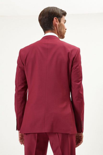 Men's Italian Super 120s Merino Wool Double-Breasted Suit - Burgundy | Ron Tomson