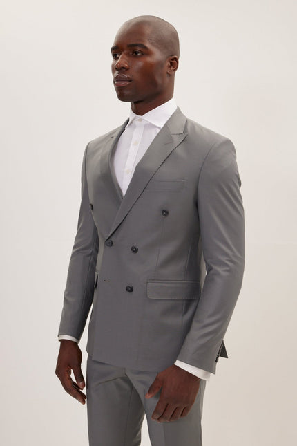 Men's Italian Super 120s Merino Wool Double-Breasted Suit - Dark Grey | Ron Tomson