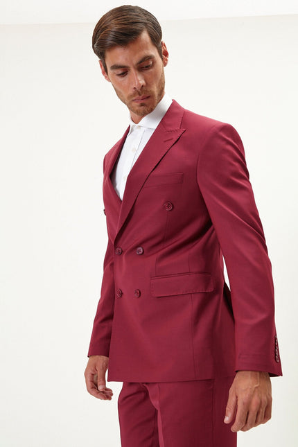 Men's Italian Super 120s Merino Wool Double-Breasted Suit - Burgundy | Ron Tomson