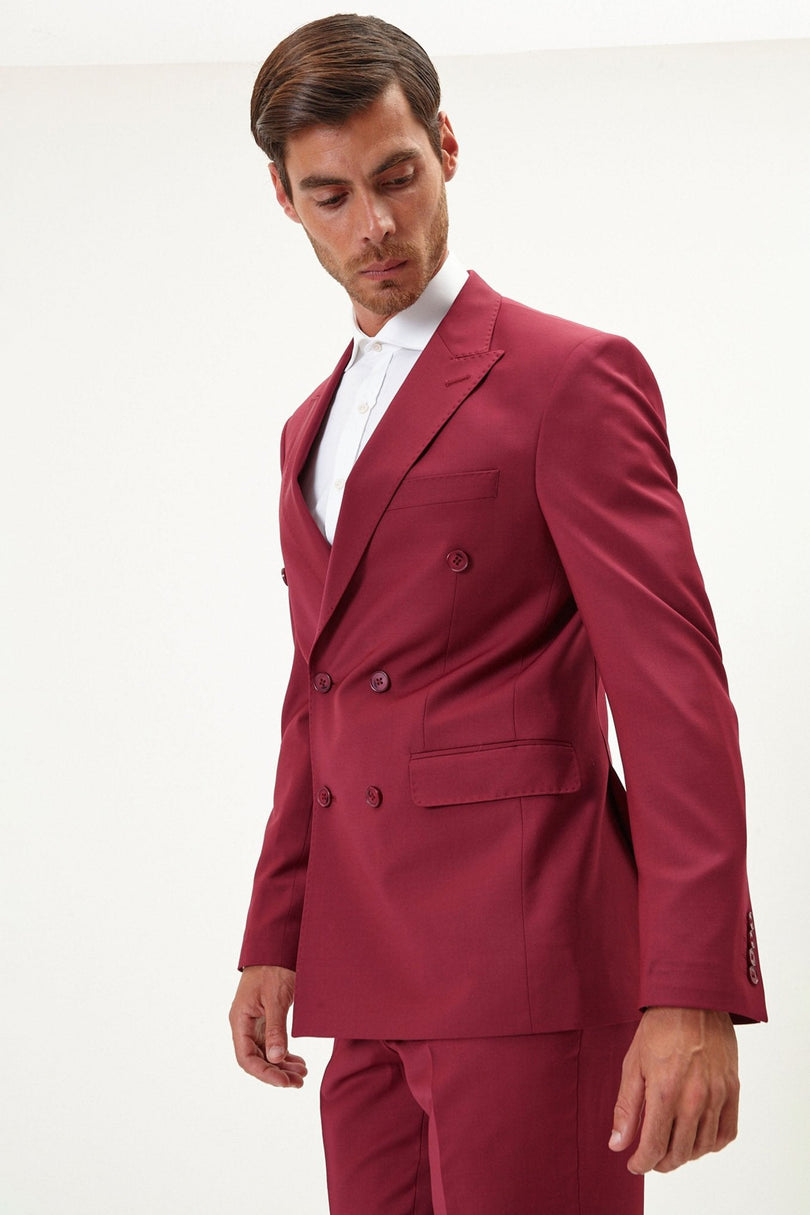 Men's Italian Super 120s Merino Wool Double-Breasted Suit - Burgundy | Ron Tomson