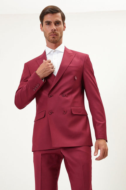 Men's Italian Super 120s Merino Wool Double-Breasted Suit - Burgundy | Ron Tomson