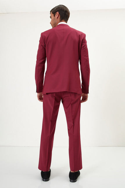 Men's Italian Super 120s Merino Wool Double-Breasted Suit - Burgundy | Ron Tomson