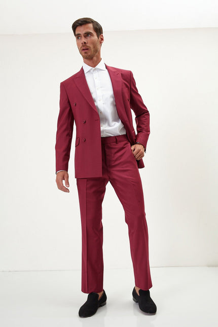 Men's Italian Super 120s Merino Wool Double-Breasted Suit - Burgundy | Ron Tomson