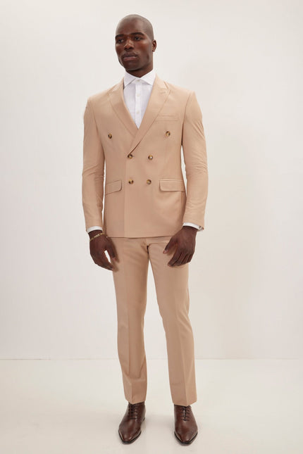 Men's Italian Super 120s Merino Wool Double-Breasted Suit - Tan | Ron Tomson