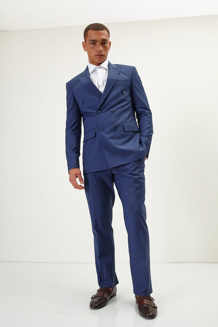 Men's Italian Super 120s Merino Wool Double-Breasted Suit - Dark Blue | Ron Tomson
