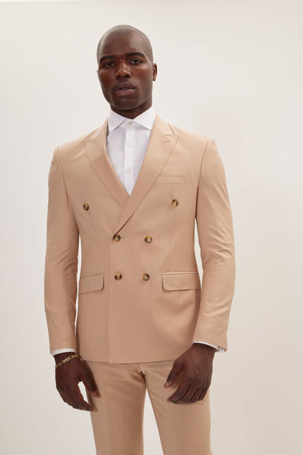 Men's Italian Super 120s Merino Wool Double-Breasted Suit - Tan | Ron Tomson